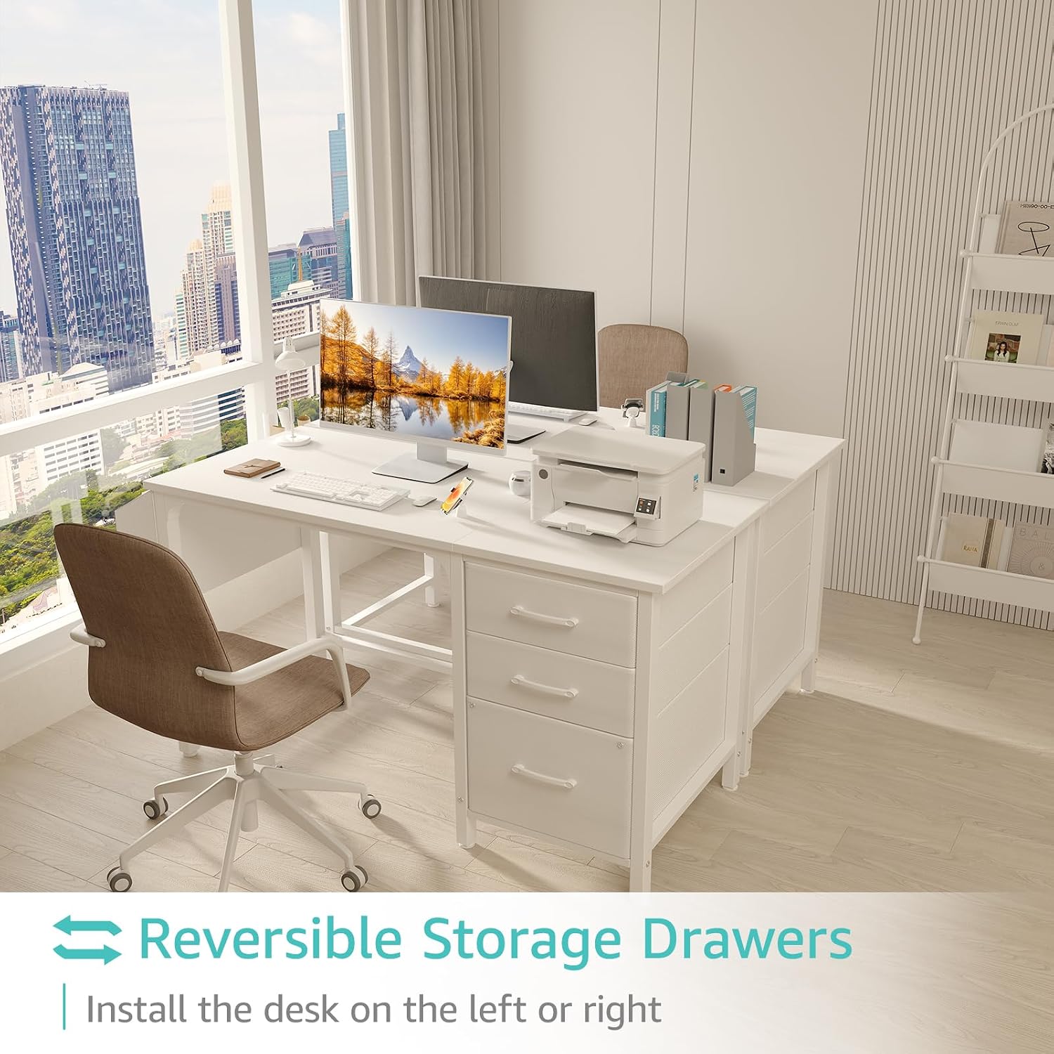 White 47" Desk With File Cabinet