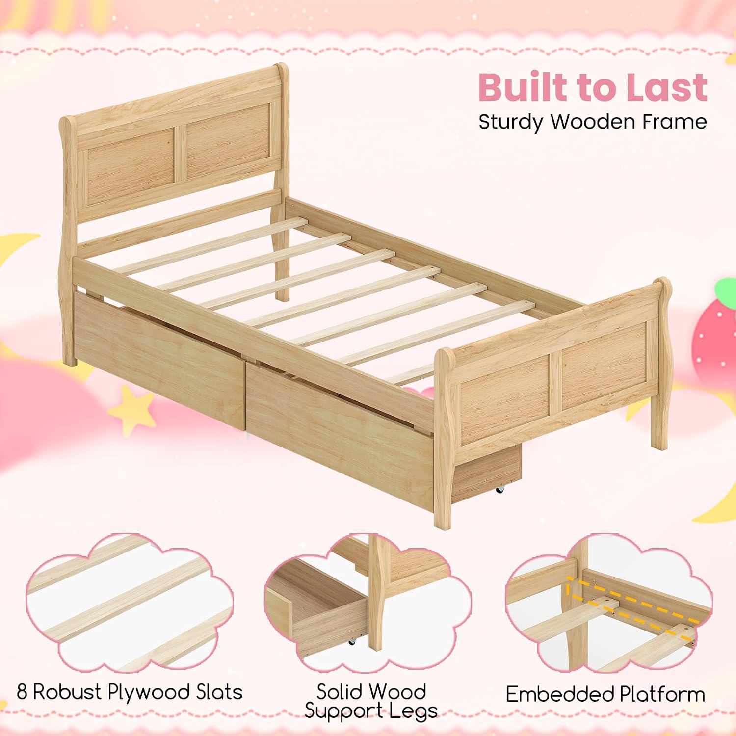 Natural Twin Storage Bed With 2 Drawers
