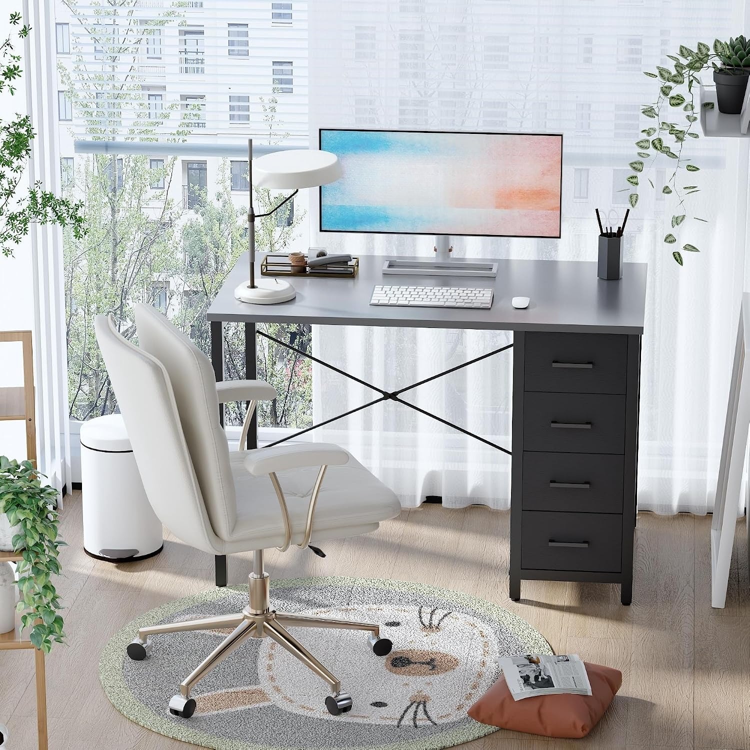 Grey 32" Small Desk With 4 Drawers