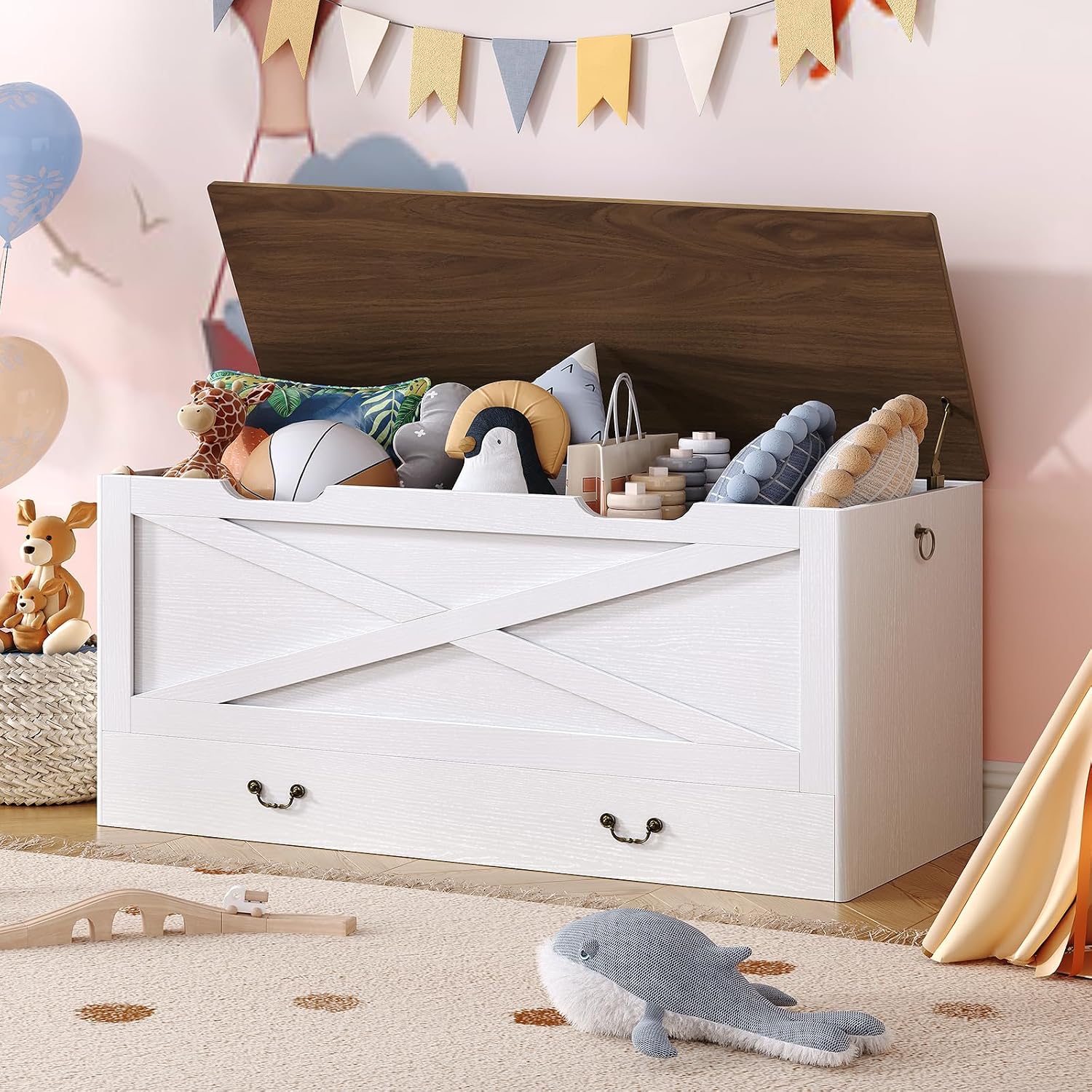 39.4" White Walnut Lift‑Top Wooden Storage Bench Chest