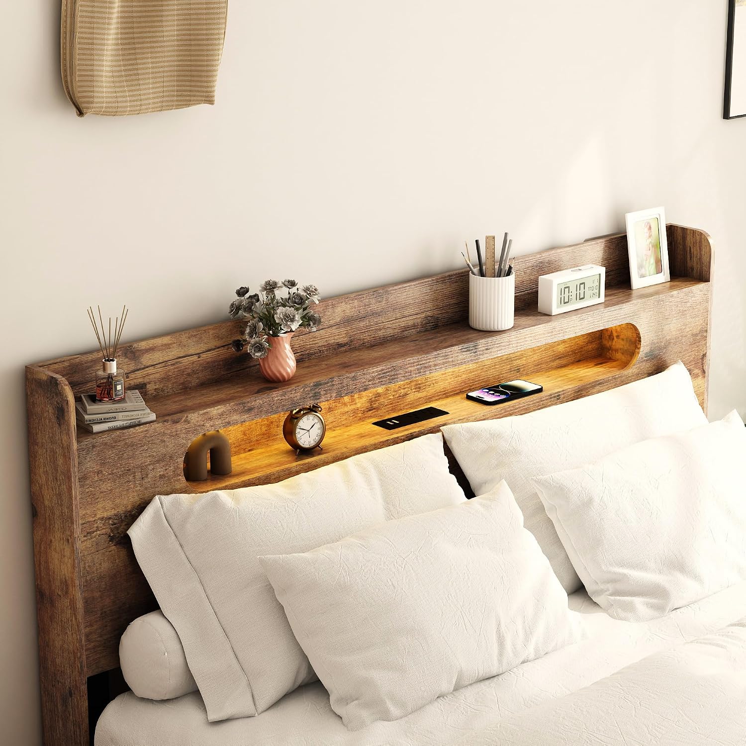 Brown Full Platform Bed Frame With Storage Headboard & LED