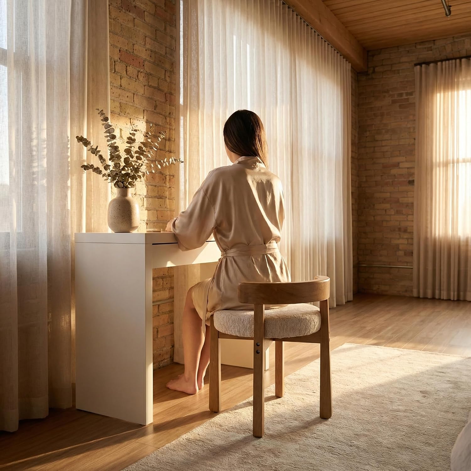 Beige Linen Low‑Back Makeup Ottoman Stool