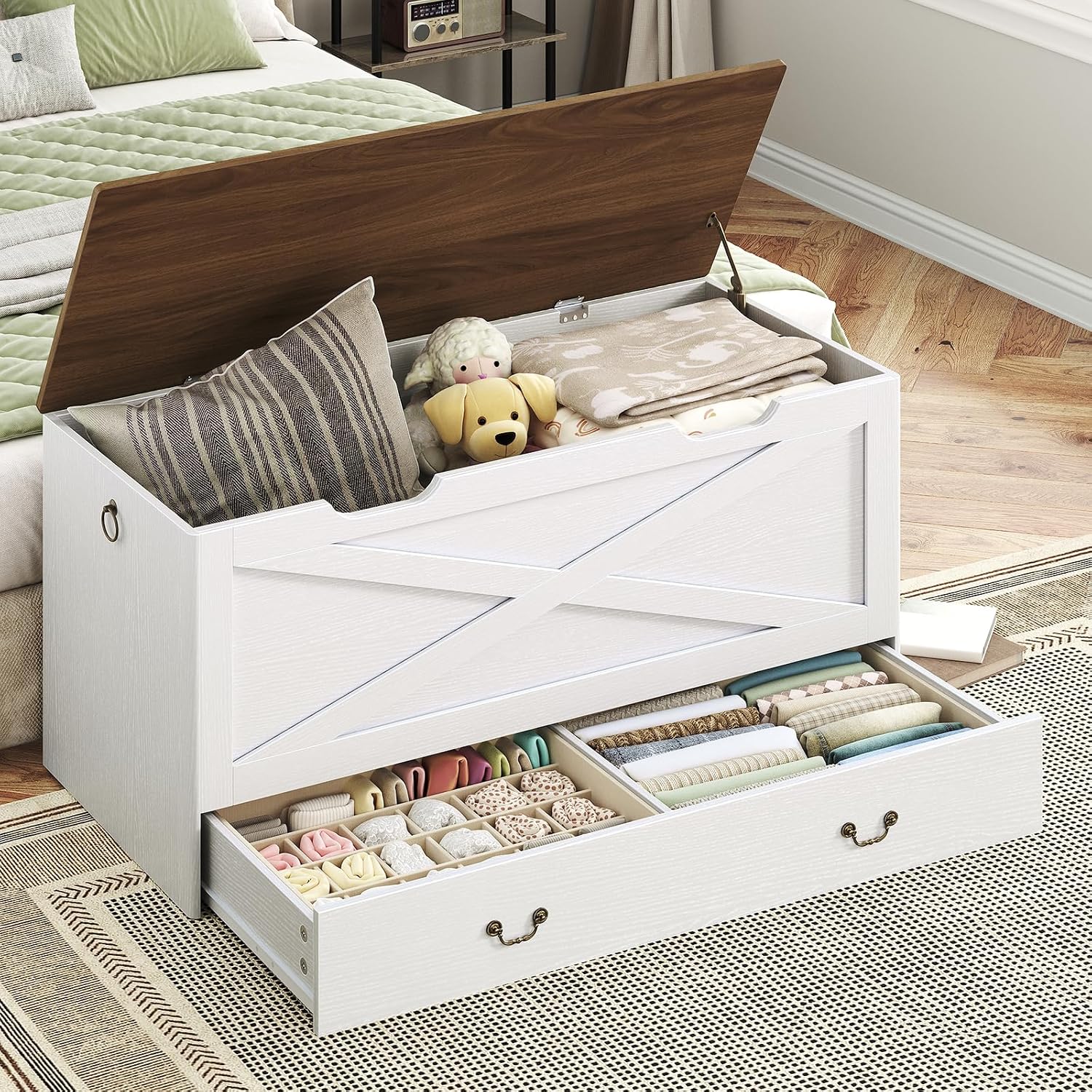 39.4" White Walnut Lift‑Top Wooden Storage Bench Chest