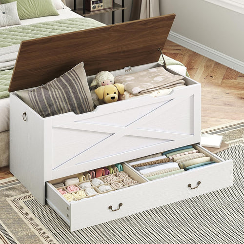 39.4" White Walnut Lift‑Top Wooden Storage Bench Chest