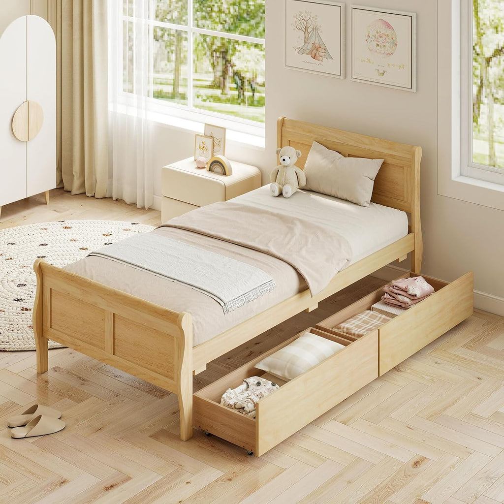 Natural Twin Storage Bed With 2 Drawers