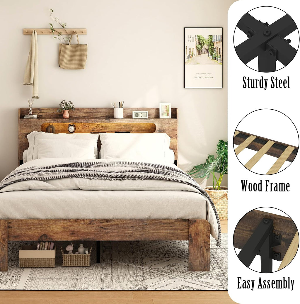 Brown Full Platform Bed Frame With Storage Headboard & LED