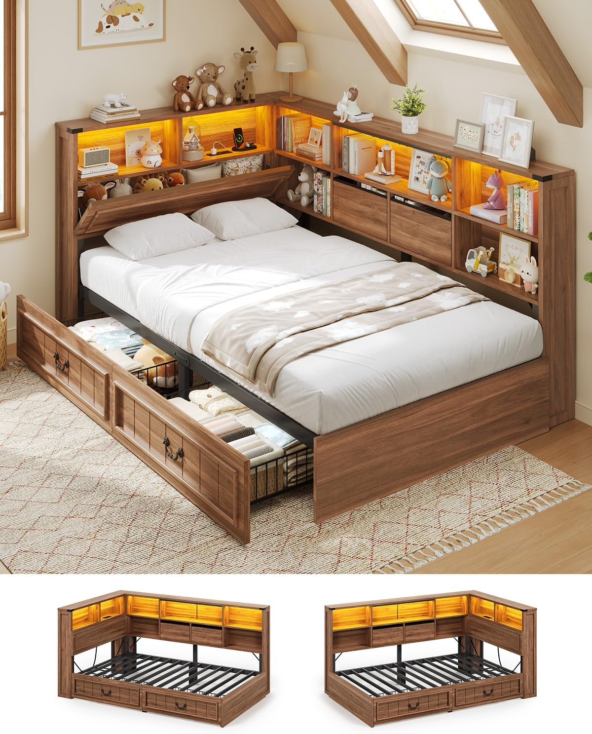 Wood Twin Corner Daybed With Drawers & LED Headboard