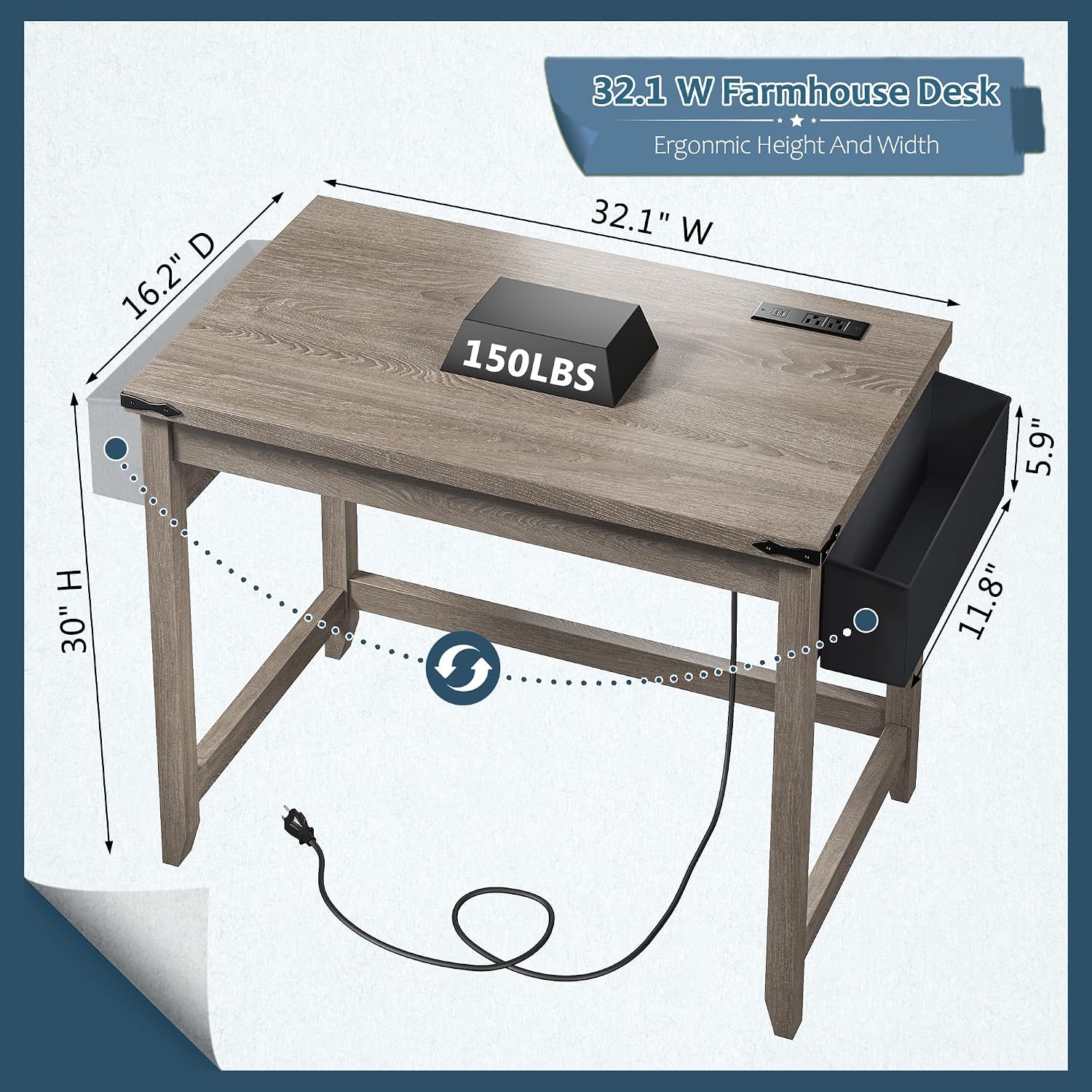 Gray 32" Farmhouse Desk With Power Outlet
