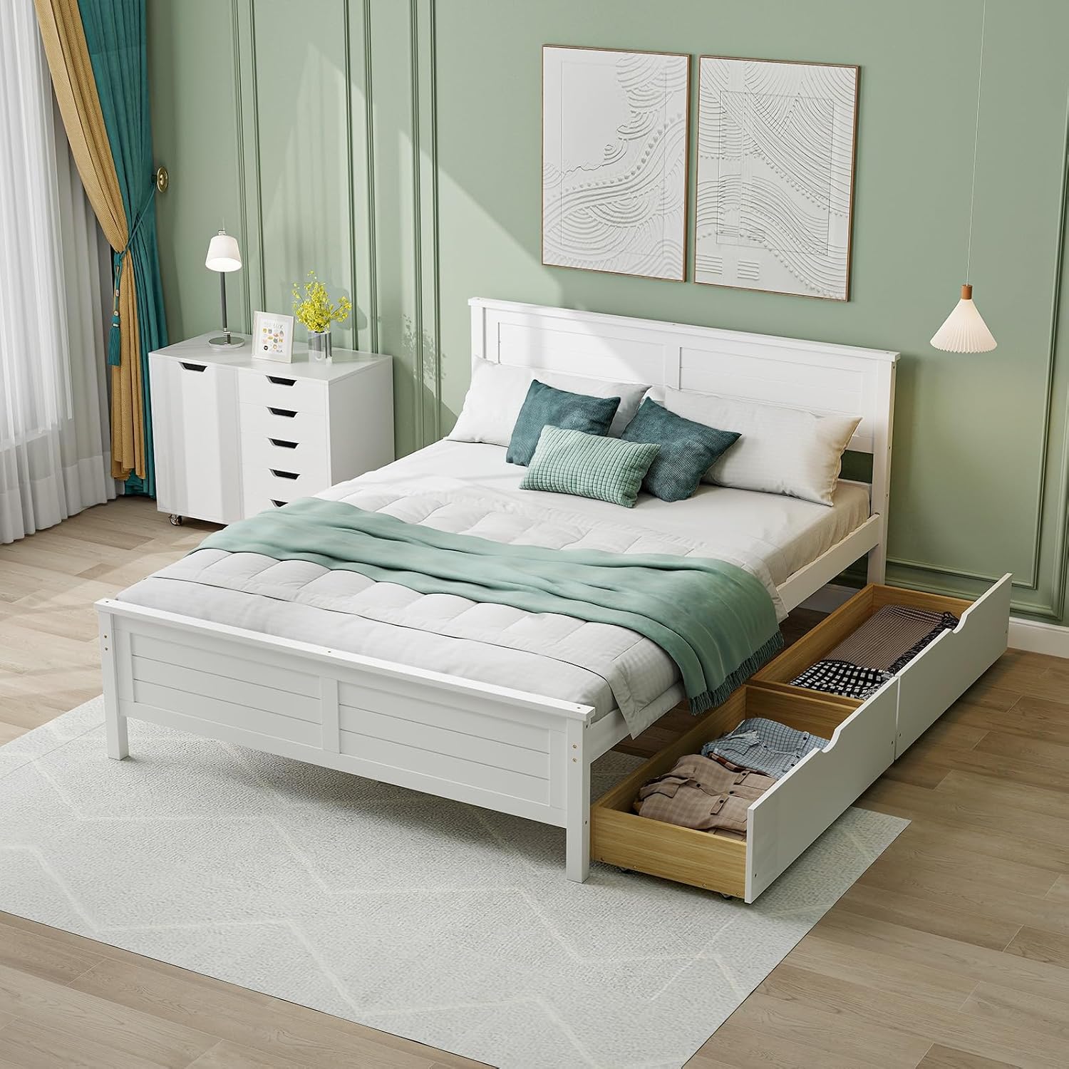 White Full Bed Frame With 2 Storage Drawers