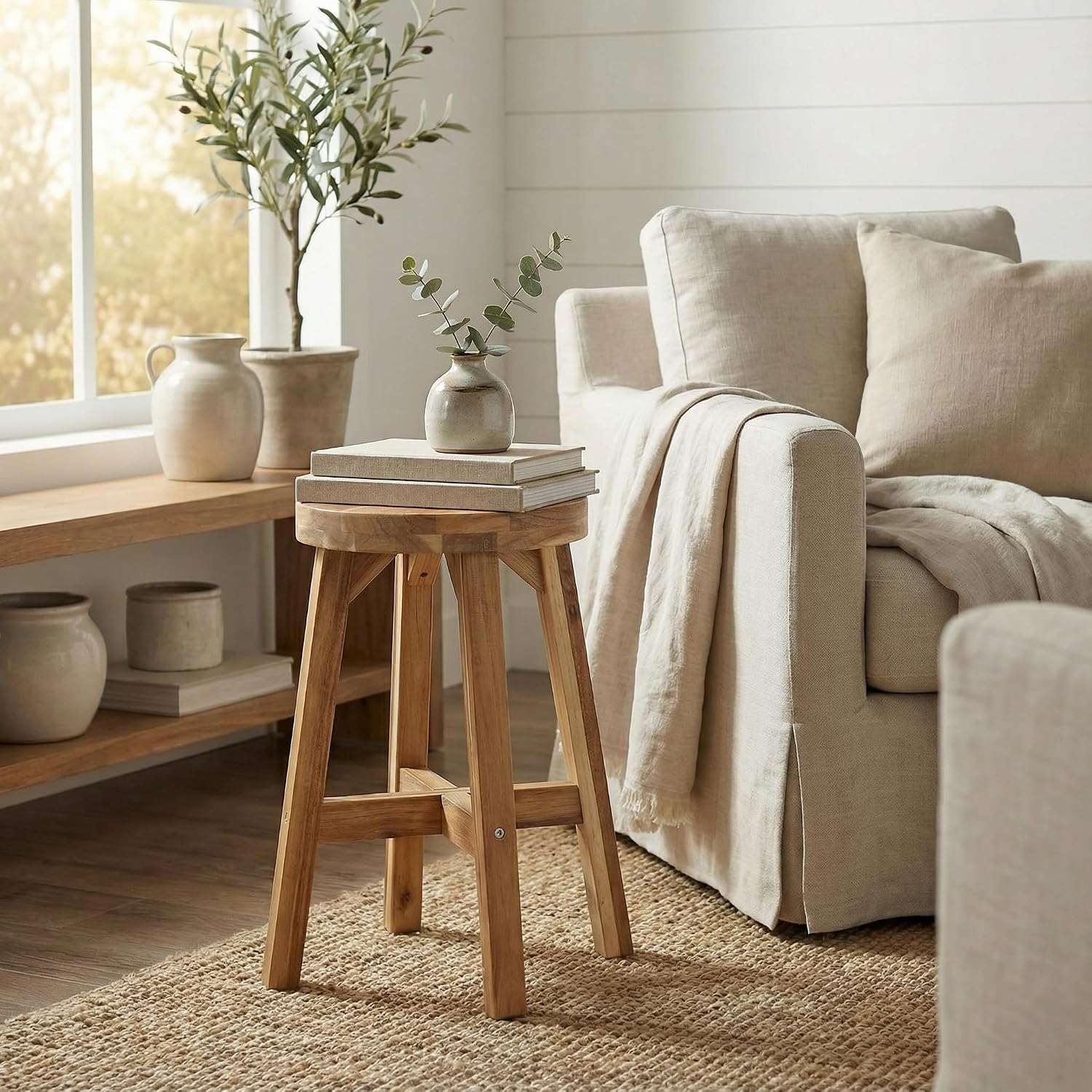 18" Acacia Wood Round Backless Stool