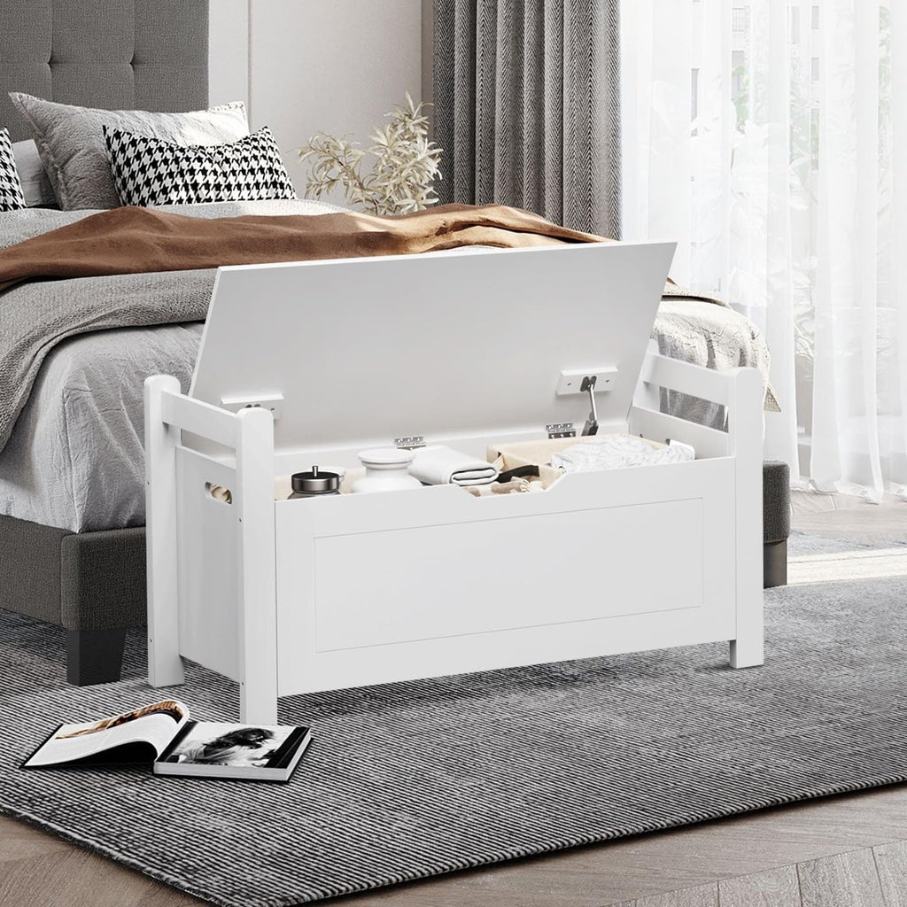 White Wooden Cushioned Entryway Storage Bench Chest