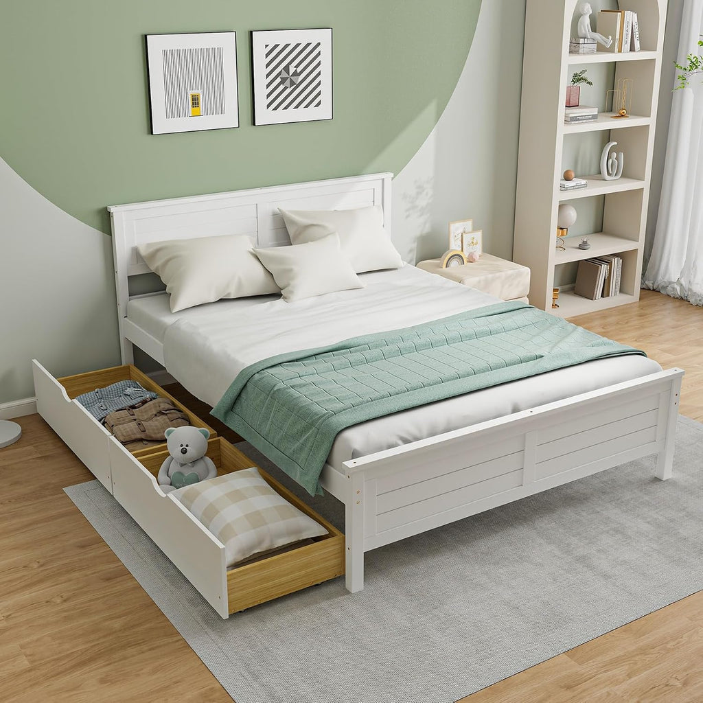 White Full Bed Frame With 2 Storage Drawers