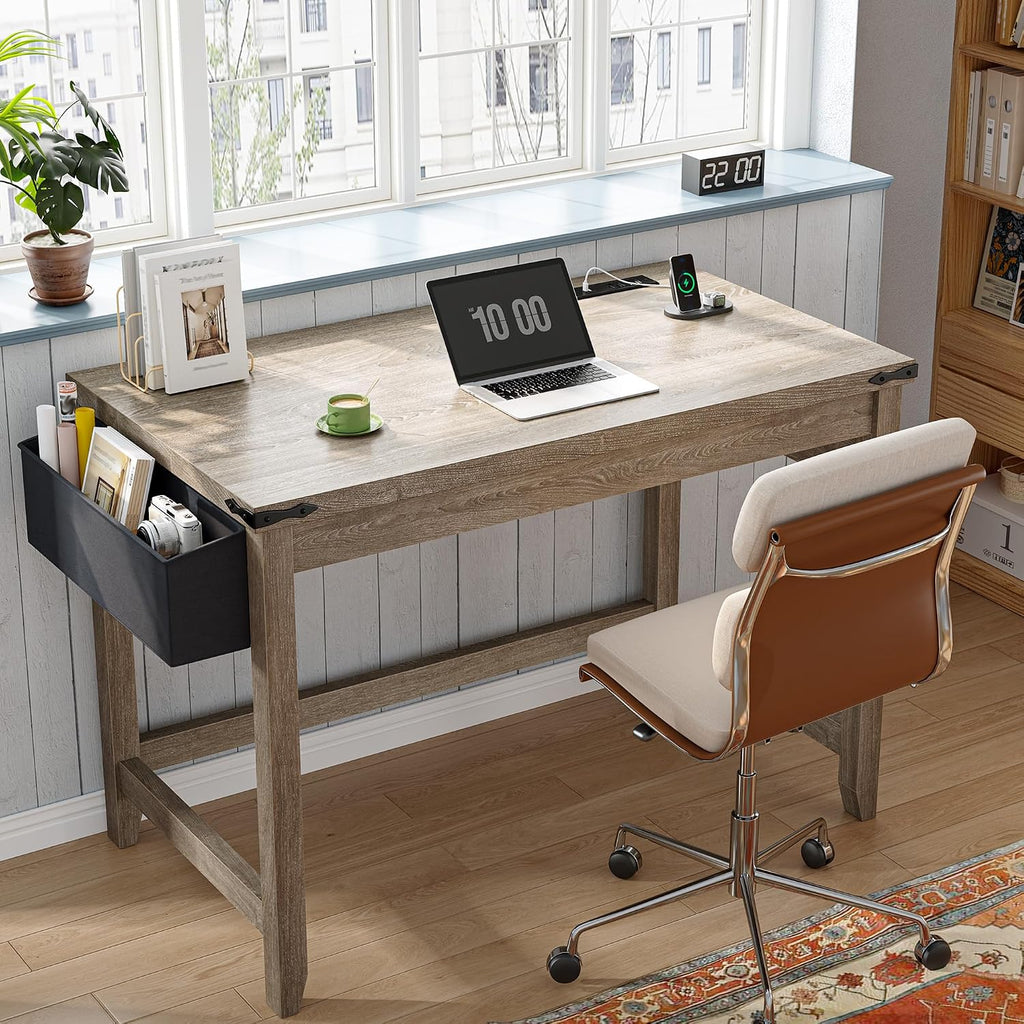Gray 32" Farmhouse Desk With Power Outlet