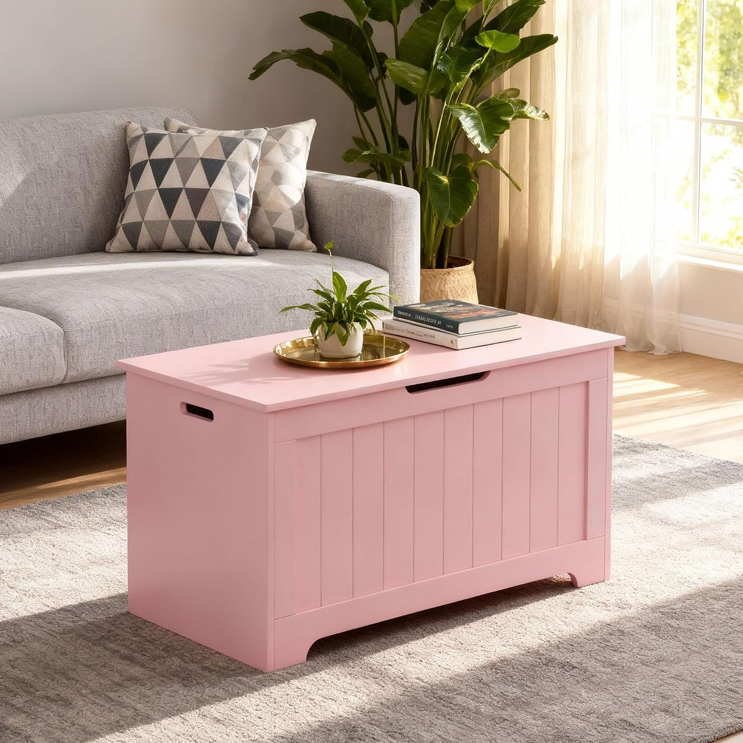 Pink 30" Wooden Entryway Storage Chest Bench