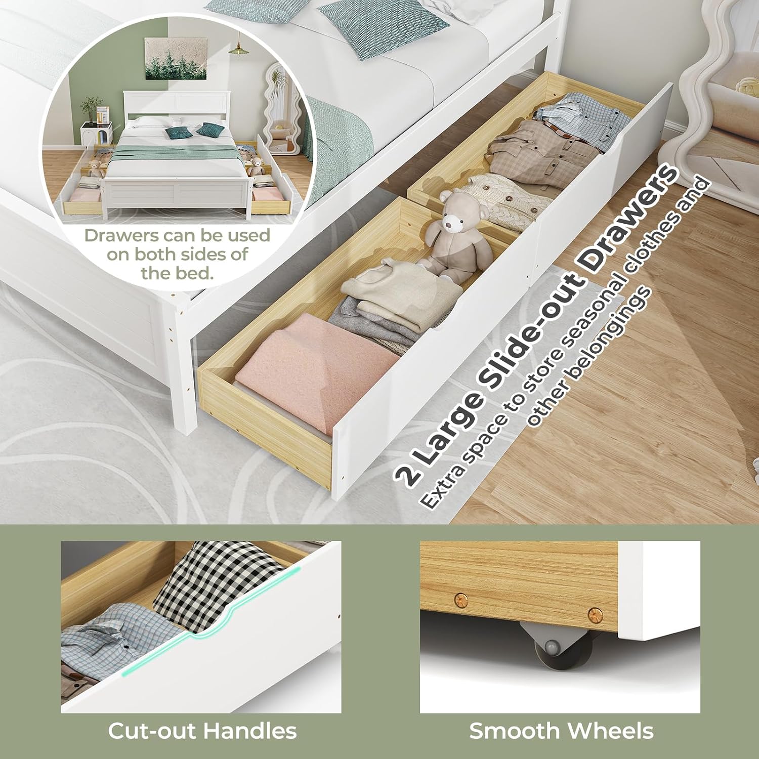 White Full Bed Frame With 2 Storage Drawers
