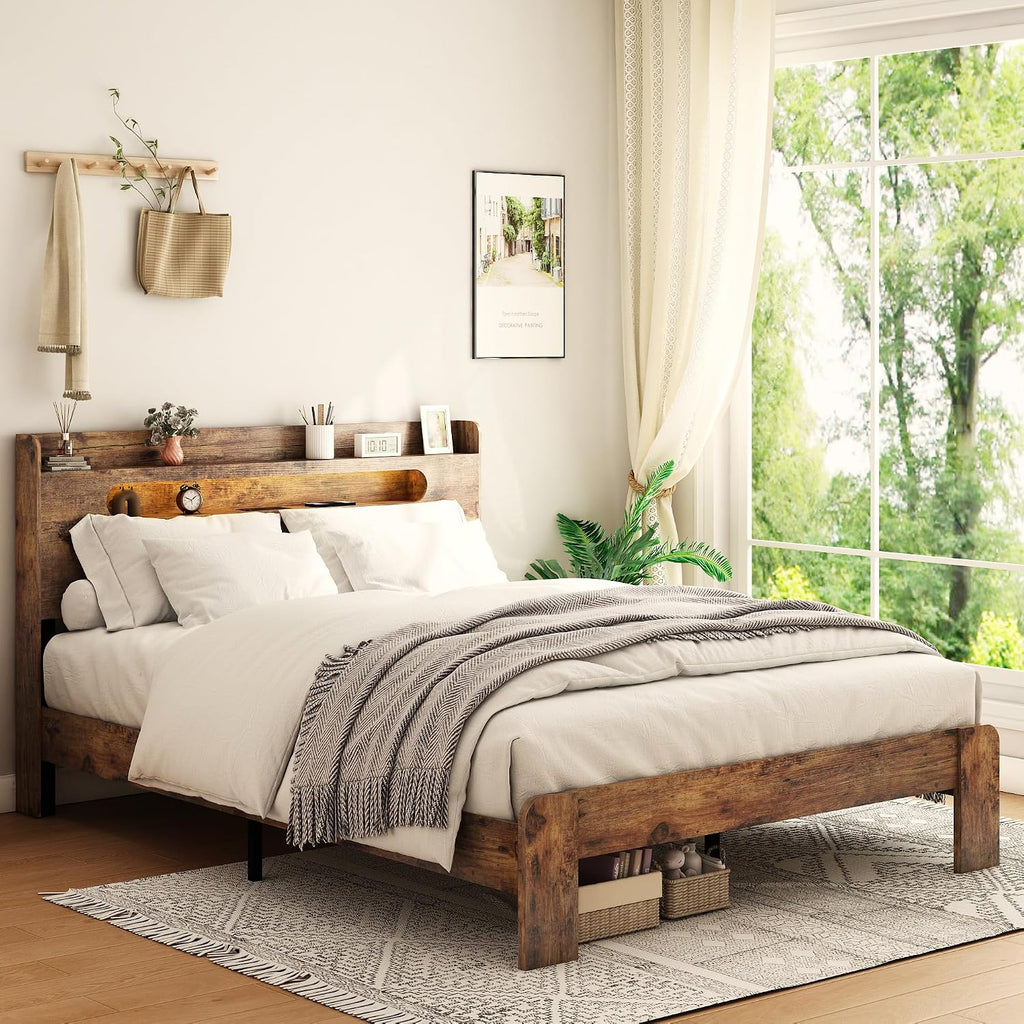 Brown Full Platform Bed Frame With Storage Headboard & LED