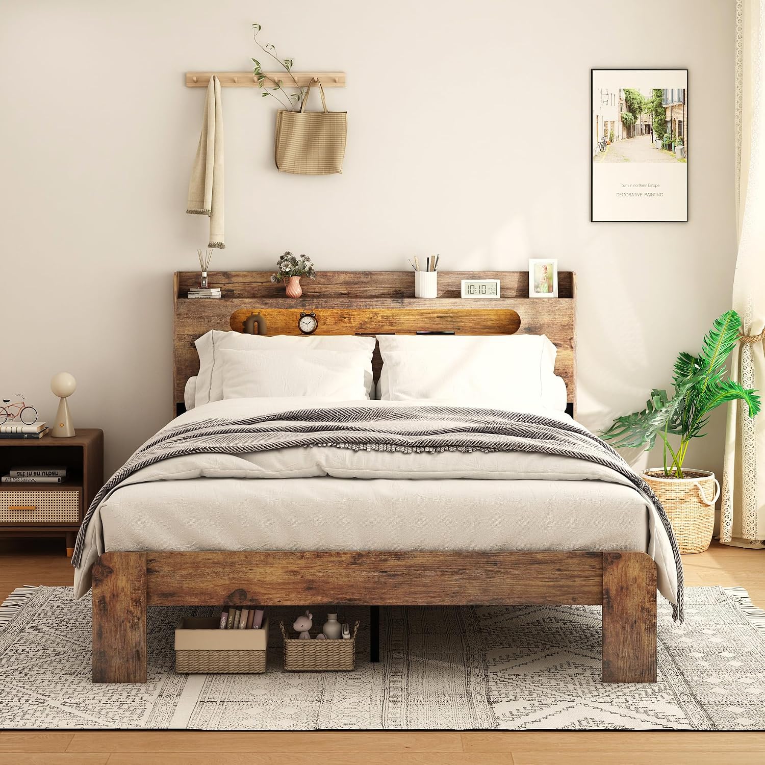 Brown Full Platform Bed Frame With Storage Headboard & LED